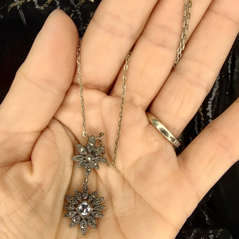 Judith Jack Necklace 925 Sterling Silver Double Daisy Drop Marcasite